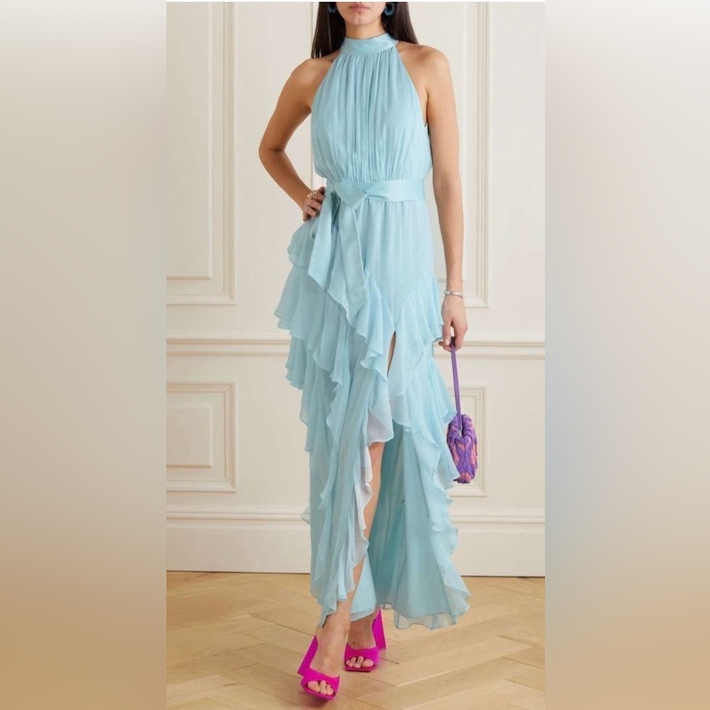 Alice and Olivia Elegant Blue Ruffled Dress - EMELIA HALTER NECK GOWN
